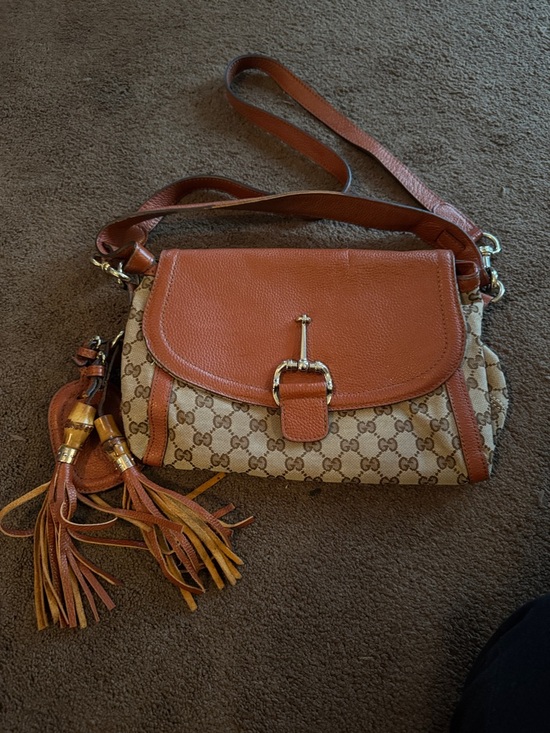Gucci Handbags - Gucci Tan-Brown GG Canvas Crossbody with Tassel Detail